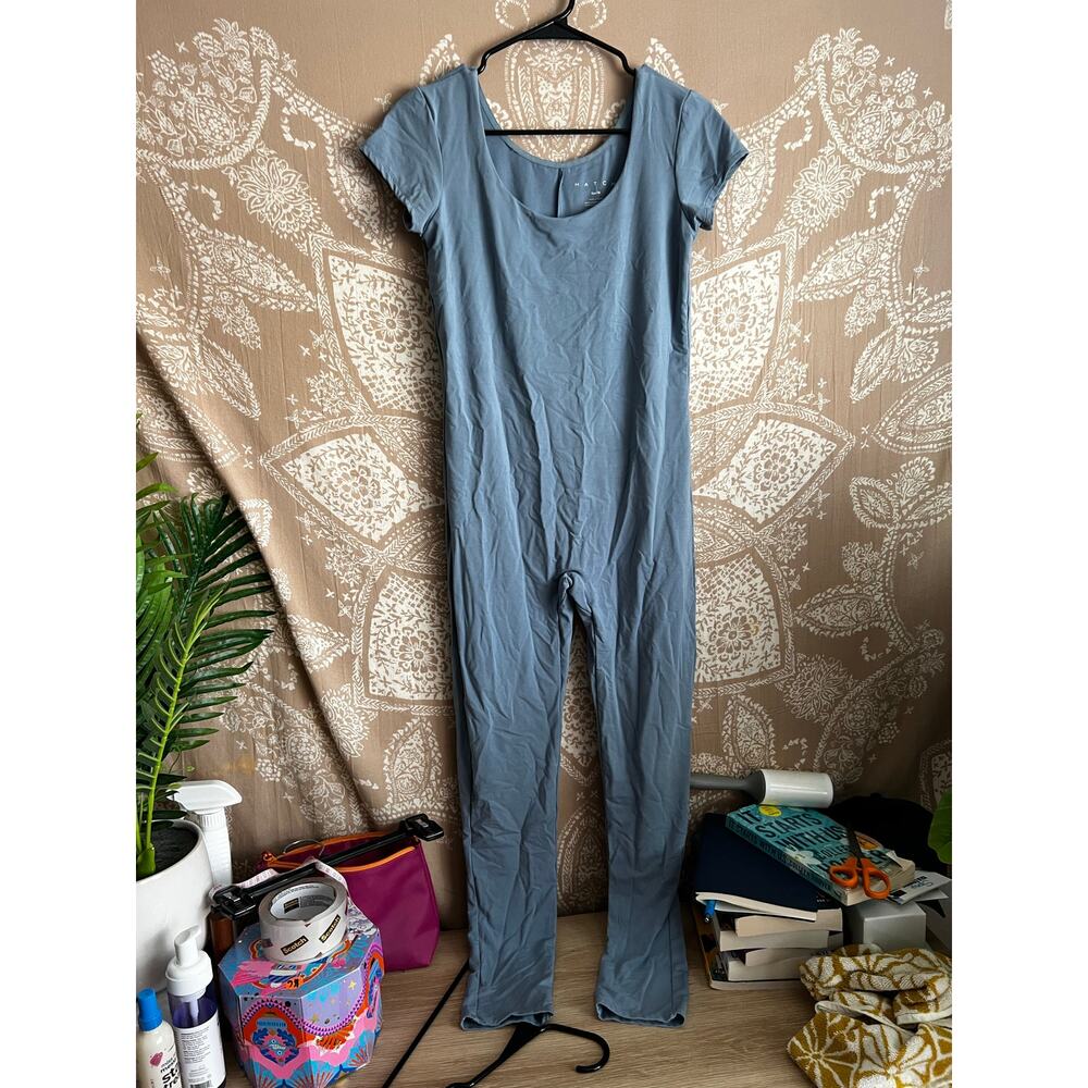 Hatch Dusty Blue Short-Sleeve Scoop Neck Jumpsuit